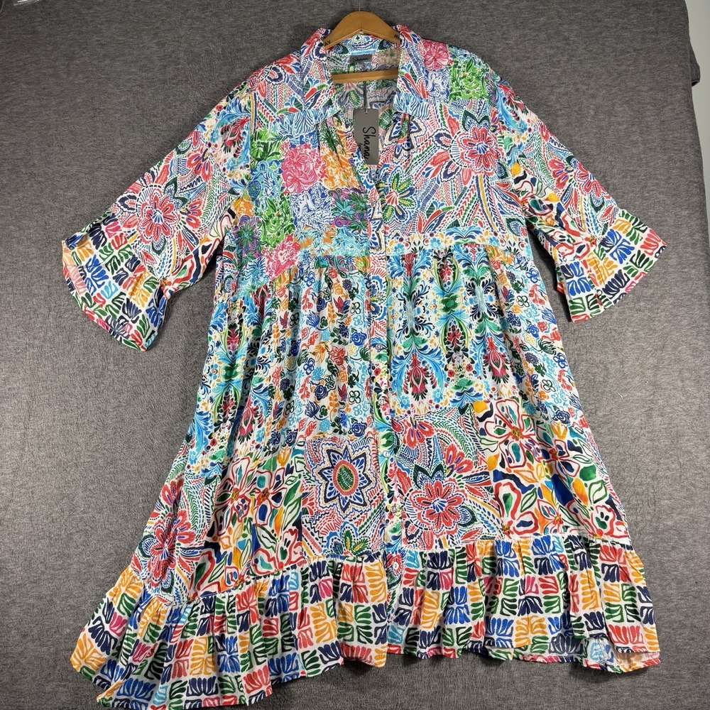 Shana Floral Mosaic Silk Bell Sleeves V-Neck Tiered Midi Shirt Dress SZ X Resort
